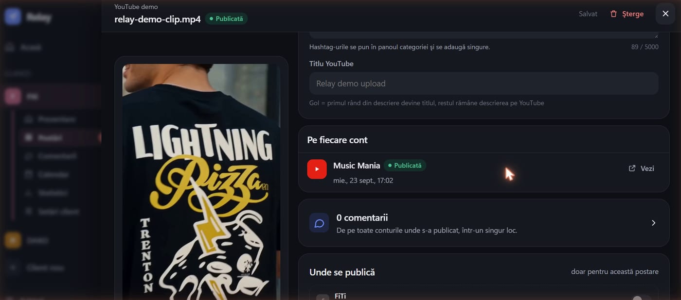 A published post in Relay with its status per account and a link to the live post